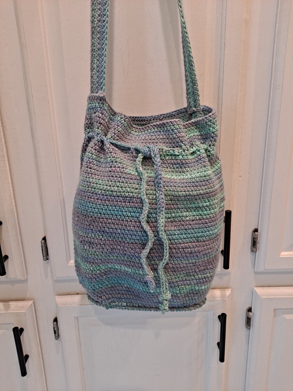 Artisan Handcrafted Pastel Mint & Lavender Crochet Drawstring Hobo Shoulder Bag